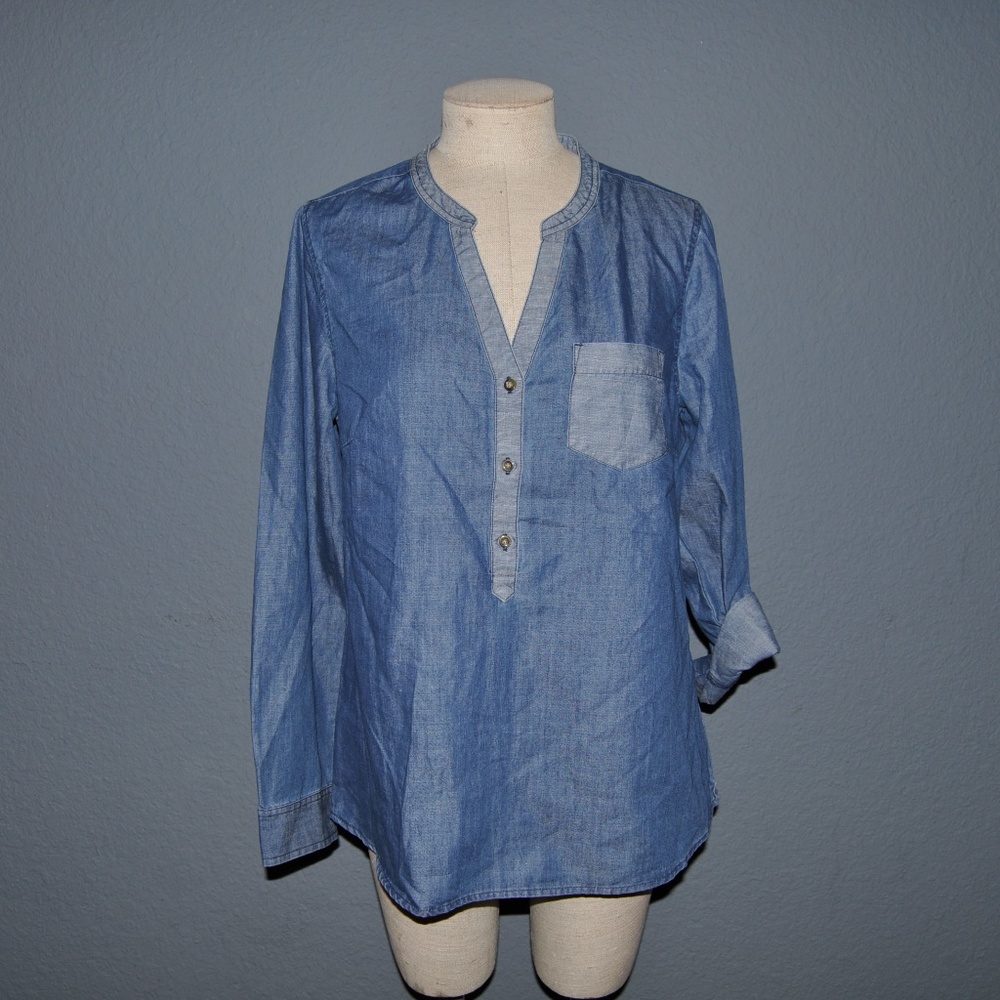 GAP Blue Mixed Chambray Split-Neck Popover Tunic Top sz M NEW Women's Blouse - Picture 4 of 8